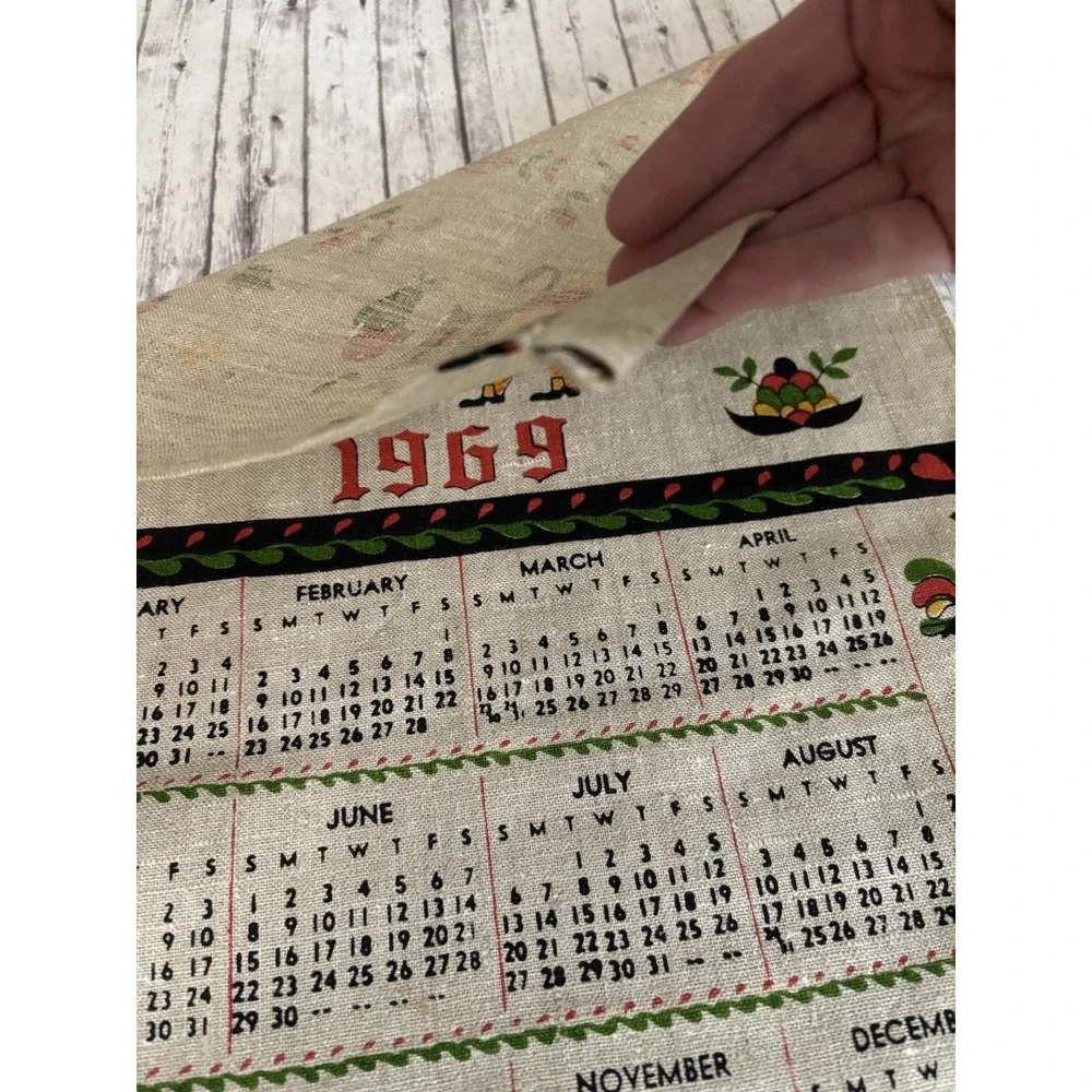1969 Vintage MCM Linen Calendar Tea Towel Wall Hanging Dutch Folk Art